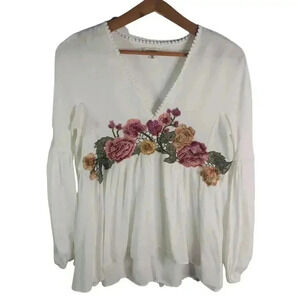 Max Studio White Pink Green Floral Embroidered Peasant Blouse Women's Size S